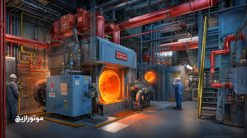 تصویر صنعتی از کوره و مشعل گازی با واحد هیدرولیک و سیال هیدرولیک ضدآتش؛ مناسب برای پتروشیمی و پالایشگاه جهت کاهش ریسک آتش