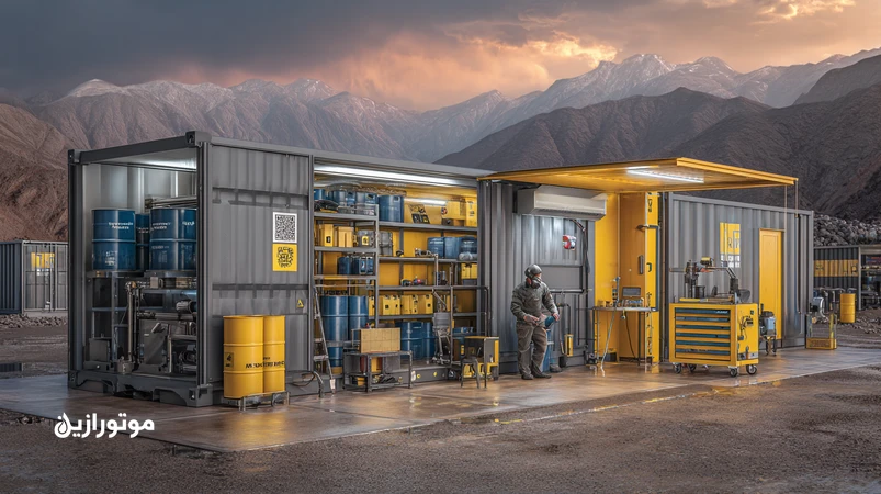 مدیریت روغن ناوگان پروژه در کارگاه سیار معدنی؛ کانکس انبار روغن با بشکههای برچسبخورده، فیلتراسیون سوخت و روغن و ردیابی بشکهها