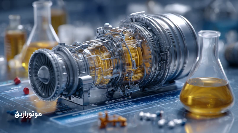 تصویر برشی توربوفن مدرن با نمایش مسیر جریان روغن سنتزی هوایی پایه PAO و استر، تاکید بر پایداری حرارتی و کاهش تبخیر برای موتورهای توربوفن