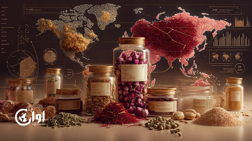 تصویر شاخص ادویه‌های ایرانی مانند زعفران، زیره، سماق و گل‌محمدی بر روی نقشه جهان با نشانه‌های رشد صادرات تا 2030 و تاکید بر کیفیت و ردیابی_اوان تجارت