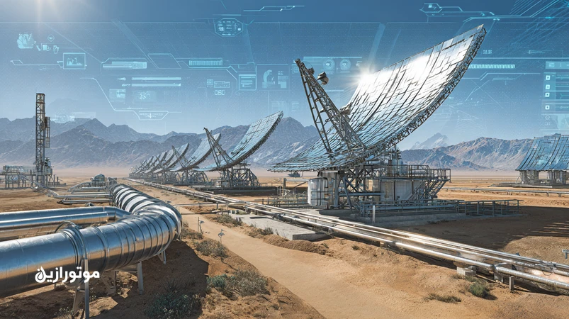 نمای نزدیک از نیروگاه CSP در کویر کرمان با کلکتورهای سهموی و خطوط روغن انتقال حرارت؛ تاکید بر پایداری HTF خورشیدی کرمان و پایش دما، فشار و ویسکوزیته.