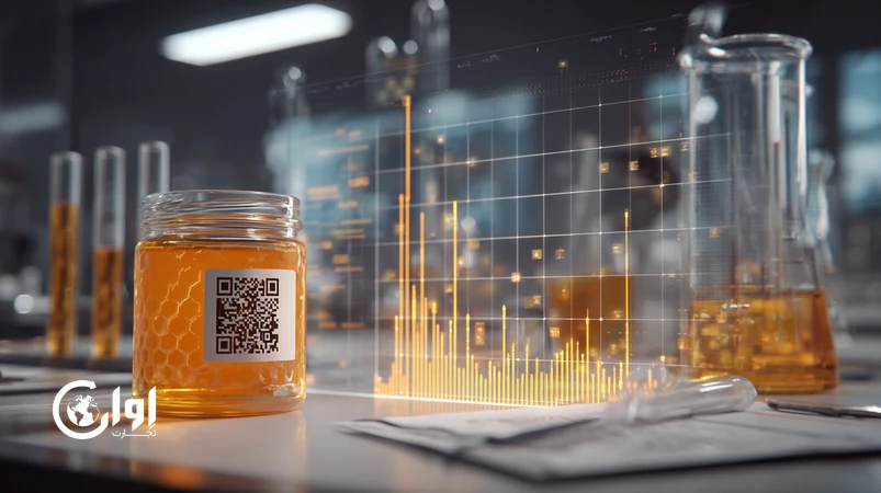 آزمایش خلوص عسل صادراتی ایران با نمایش طیف NMR، نمودار ایزوتوپی کربن، برچسب ردیابی QR و اشاره به استانداردهای EU و FDA
