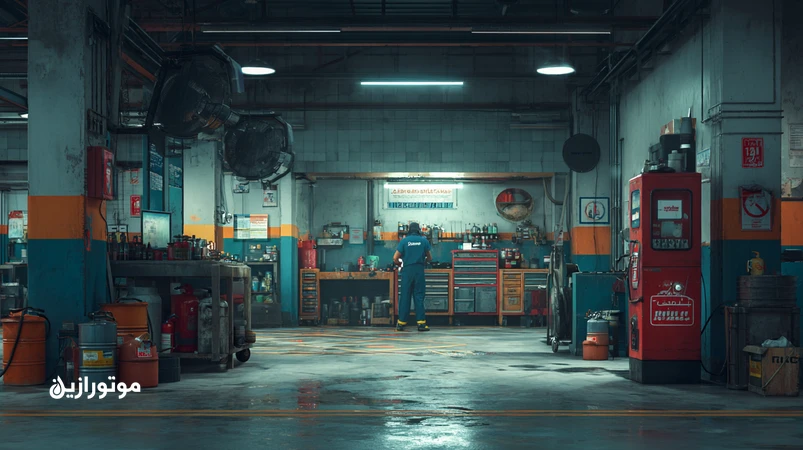 تصویر کارگاه اتوسرویس با تمرکز بر HSE: تکنسین با PPE، کپسول آتش‌نشانی CO2 و پودر، بازوی مکش موضعی، پد جاذب نشت روغن و قفسه‌های برچسب‌دار