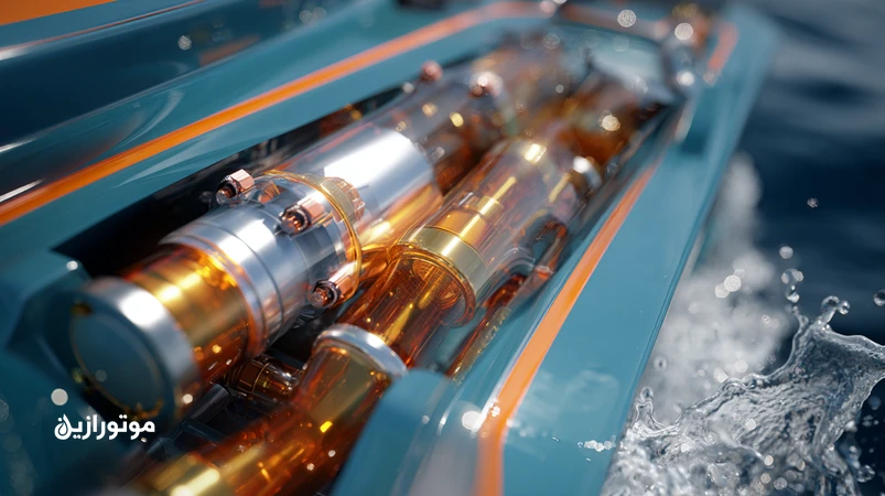 روغن هیدرولیک جک و فرمان قایق تندرو؛ تصویر قایق پرسرعت با نمایش جزییات جک موتور و سیستم فرمان هیدرولیک، تأکید بر نشتی کمتر و کنترل دقیق