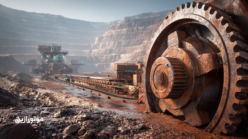 نمای نزدیک گیربکس نوار نقاله معدن با روغن دنده صنعتی CLP و افزودنی ضدسایش، در محیطی پرگردوغبار و مرطوب، مناسب خطوط بلند معادن روباز