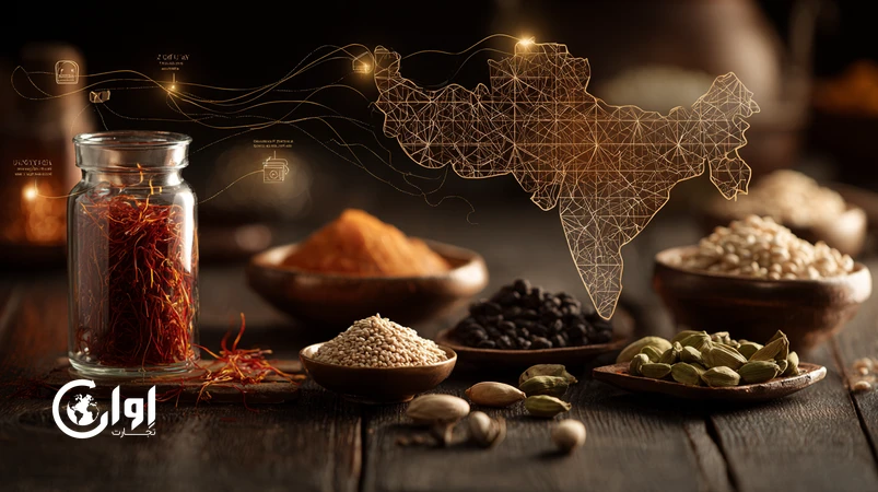 تصویر مفهومی صادرات ادویه، خشکبار و دانه‌های روغنی ایران به هند با نمایش زعفران، زیره، پسته، کشمش و کنجد در کنار مسیر تجاری ایران به هند