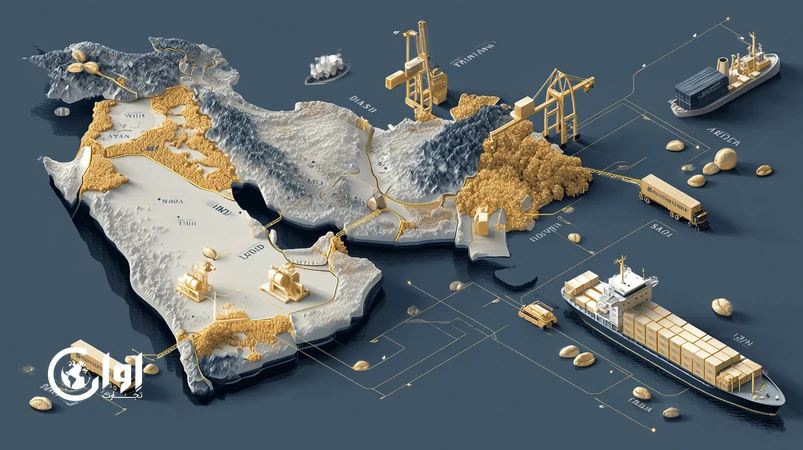 نقشه خاورمیانه و آسیا با کریدورهای تجاری ایران و دانه‌های روغنی کنجد، کلزا، آفتابگردان، سویا و گلرنگ برای صادرات و مزیت رقابتی ایران