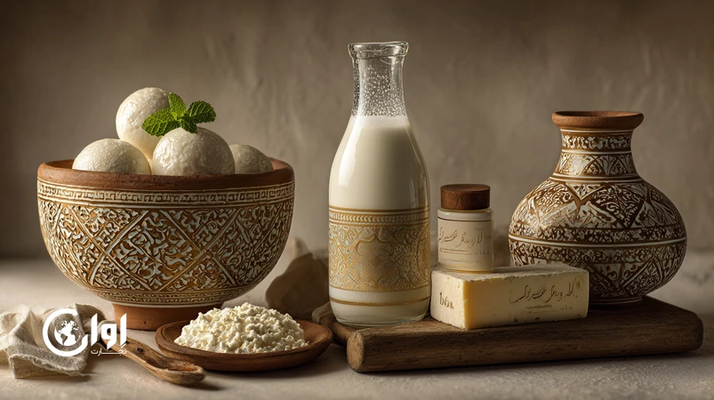 تصویر پریمیوم از فراورده‌های سنتی لبنی ایران مانند کشک، ماست چکیده، دوغ و پنیر محلی با بسته‌بندی صادراتی و هویت برند ایرانی_اوان تجارت
