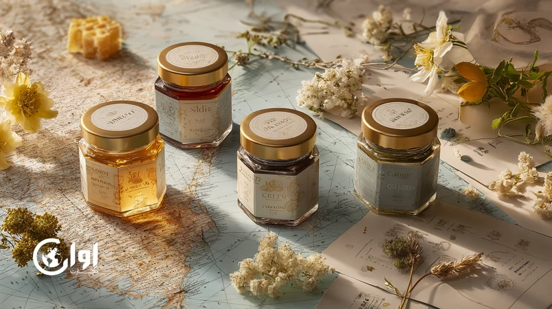 چیدمان هنری از شیشه‌های عسل ایرانی گون، کنار، مرکبات، آویشن و چندگل با اشاره به ترُوار و پروفایل طعمی‌ـ‌عطری، مناسب بازار پریمیوم و صادرات_اوان تجارت