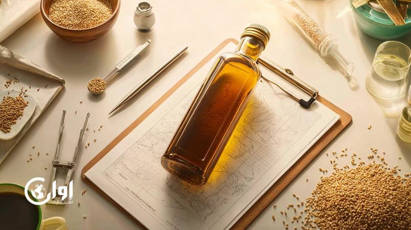 روغن کنجد ایرانی برای صنایع سلامت‌محور با شیشه کهربایی، دانه کنجد، فضای کنترل کیفیت و تاکید بر Traceability و Market Access_اوان تجارت