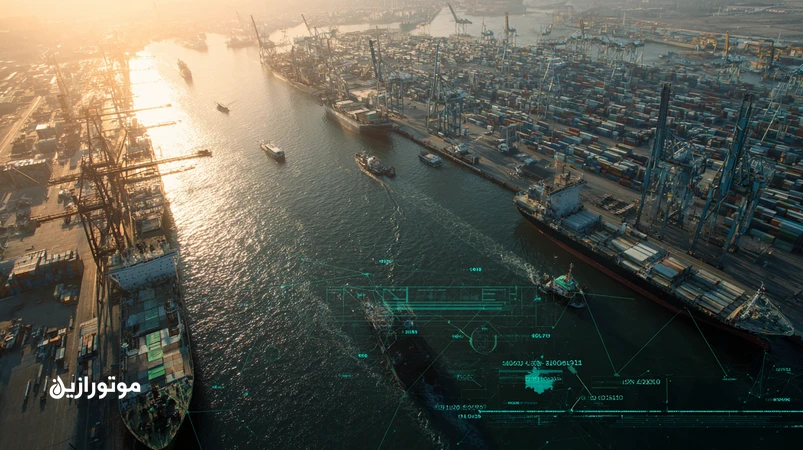 نمای بندر ایرانی با شناور و جرثقیل، نمایش روانکار زیست‌تخریب‌پذیر دریایی EAL در تجهیزات و مقایسه با روغن معدنی برای رعایت الزامات بندری