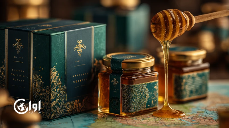 عسل ارگانیک ایرانی با بسته‌بندی لوکس برای بازارهای اروپا و خاورمیانه، همراه با نمادهای استاندارد EU و GCC و جعبه هدیه پریمیوم