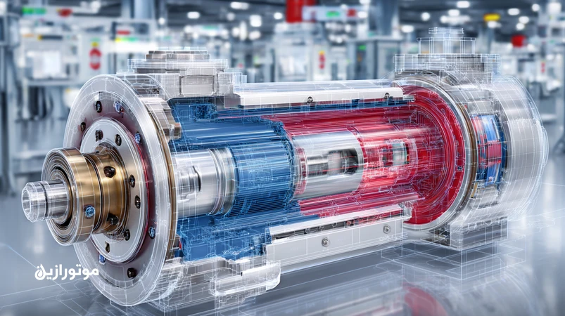 تصویر برشی یاتاقان سرعت‌بالا با مقایسه بصری گریس پلی‌یوریا (آبی) و گریس کمپلکس لیتیوم (قرمز) برای موتورهای الکتریکی و تجهیزات حساس