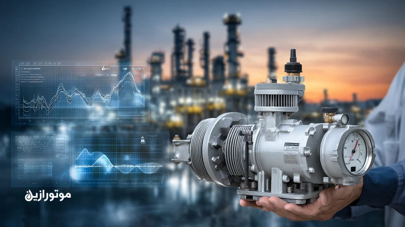 نمای فنی از تجهیزات دوار پتروشیمی با سنسورهای ویبره، بطری نمونهگیری روغن و نمودارهای آنالیز ویبره و UOA برای تشخیص زودهنگام خرابی