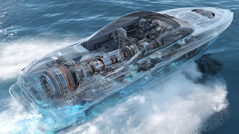 تصویر واترجت قایق تندرو با برش فنی و تأکید بر روغن مناسب با ضدکف و جدایش آب برای کاهش لرزش و حفظ راندمان