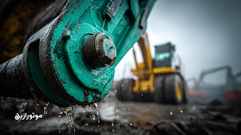 لودر در کارگاه ساحلی شمال ایران زیر باران با گریسکاری ضدآب پین باکت؛ نمایش چسبندگی بالا و مقاومت در برابر شستوشوی آب و خوردگی.