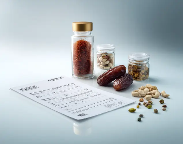 نمونه‌ محصولات صادراتی شامل زعفران، پسته، خرما و خشکبار در کنار اسناد آزمایشگاهی و مدارک کیفی روی سطح سفید؛ نماد استانداردسازی و شفافیت در صادرات مواد غذایی ایرانی