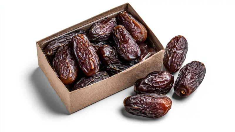 تصویری از خرمای مضافتی کرمان کارتن مقوایی. خرماها در جعبه مقوایی اوان تجارت