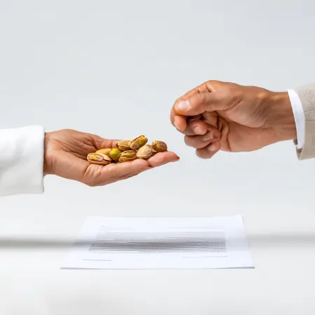 دست کشاورز حاوی پسته در حال همکاری با دست یک فرد تجاری روی زمینه سفید؛ نماد رابطه منصفانه و اعتماد در زنجیره تأمین