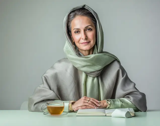 پرتره رسمی مدیرعامل اوان تجارت در حال نگارش پیام مدیریتی با فنجان چای ایرانی