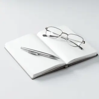 تصویر یک دفتر و مداد و عینک بر روی میز سبک مدیریت من. پیام مدیر عامل