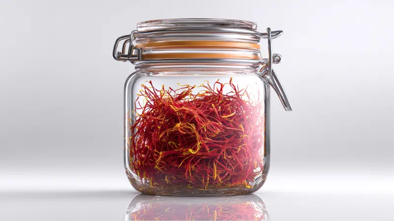 تصویر زعفران پوشال قائنات با بسته‌بندی پریمیوم شیشه ای مخصوص هدیه و سوغاتی. اوان تجارت