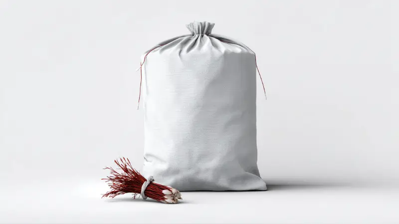 تصویر زعفران دسته (دخترپیچ) قائنات در کیسه و گونی فله. یک دسته زعفران در بیرون کیسه صادراتی. اوان تجارت