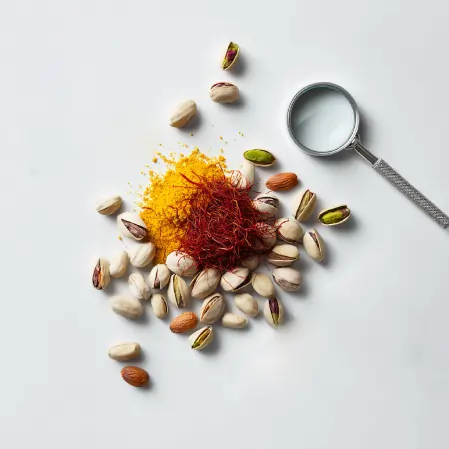 نمونه کنترل کیفیت شامل زعفران، پسته و آجیل روی زمینه سفید به‌همراه ذره‌بین برای بررسی استاندارد محصول