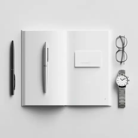 میز کار مینیمال شامل دفتر باز، خودکار فلزی، کارت سفید، عینک و ساعت روی پس‌زمینه روشن؛ نماد تمرکز، نظم و حرفه‌ای‌گری در محیط کاری. اوان تجارت