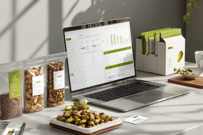 «نمای میز کاری اوان تجارت با بسته‌بندی پسته، داشبورد تحلیل صادرات و نمونه محصول»
