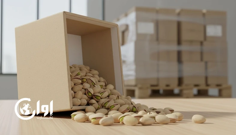 پسته احمد آقایی رفسنجان با بسته‌بندی جعبه مقوایی برای صادرات پسته ایران و خرید عمده پسته