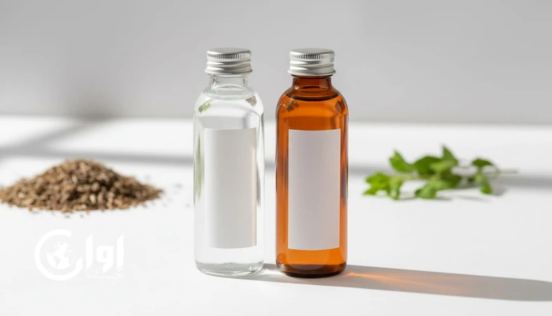 بسته بندی صادراتی عرق زنیان در بطری شیشه ای شفاف و کهربایی برای توزیع عمده و صنایع غذایی