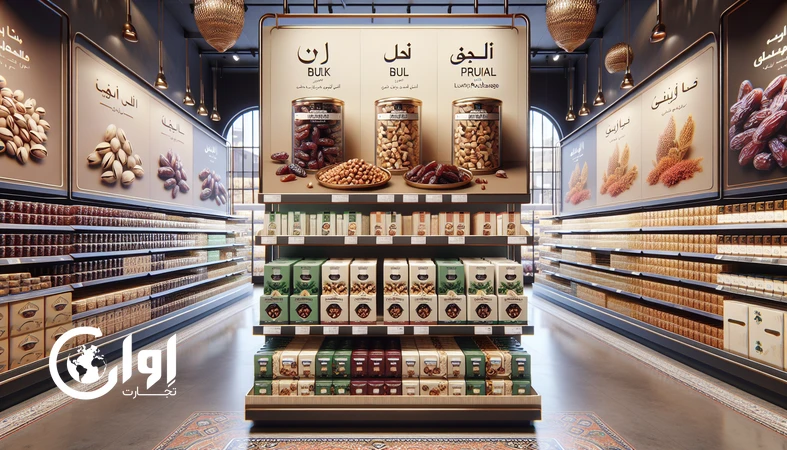 نمای راهروی فروشگاه در خلیج فارس با مقایسه بسته‌بندی لوکس و طبیعی محصولات غذایی و کشاورزی ایرانی برای مصرف‌کنندگان عرب