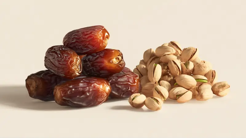 عکس روی پس‌زمینه سفید، شامل سه محصول شاخص بافق • چند عدد خرمای پیارم یا کبکاب با بافت براق طبیعی • مقدار کمی پسته کویری بافق (سایز میانه، پوست‌سفید)