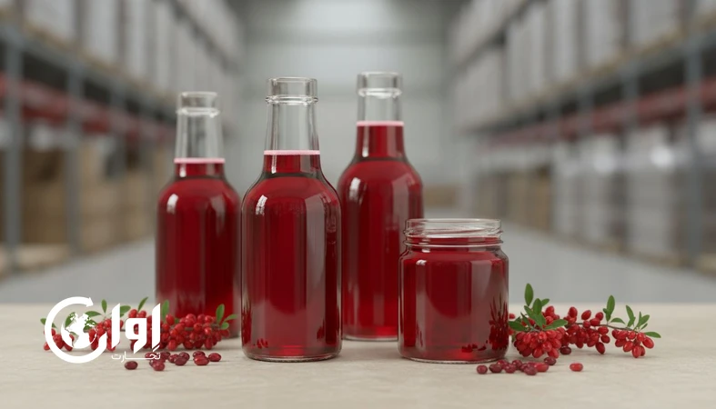 شربت زرشک صادراتی در بسته بندی بطری و شیشه با رنگ قرمز طبیعی و شفاف برای عرضه B2B و Private Label