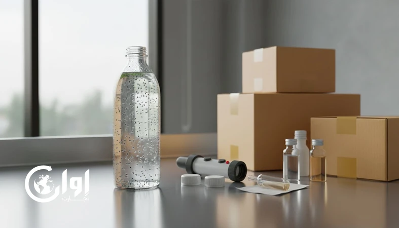 تصویر نوشیدنی تخم شربتی (basil seed drink) در بطری شفاف با دانه های یکنواخت و فضای کنترل کیفیت و بسته بندی صادراتی_اوان تجارت