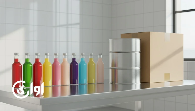 نمایی حرفه ای از نوشیدنی ها و شربت های صادراتی در بسته بندی های مختلف (فله، خرده فروشی و پرایوت لیبل) روی میز کنترل کیفیت
