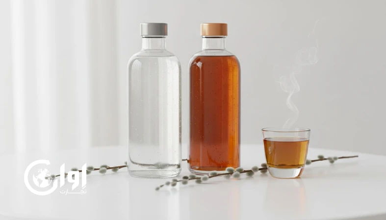 عرق بیدمشک بسته بندی بطری و شیشه با مایع شفاف در بطری شیشه ای روشن و تیره مناسب صادرات_اوان تجارت