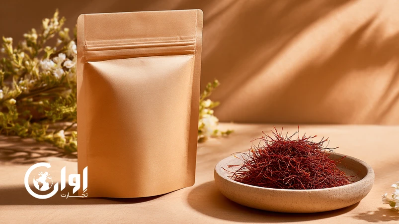 تصویر زعفران نگین بیرجند در کنار بسته‌بندی پاکت و وکیوم، مناسب خرید عمده و صادرات_اوان تجارت