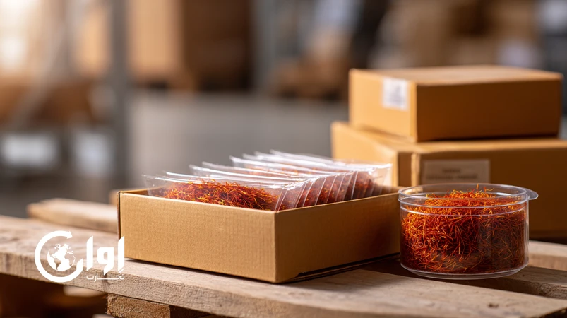 زعفران پوشال بیرجند با بسته‌بندی کارتن مقوایی صادراتی روی پالت، مناسب تامین عمده و صادرات_اوان تجارت