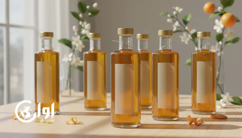 بطری های شیشه ای شربت بهارنارنج با مایع طلایی برای معرفی بسته بندی صادراتی و کیفیت عطر و شفافیت