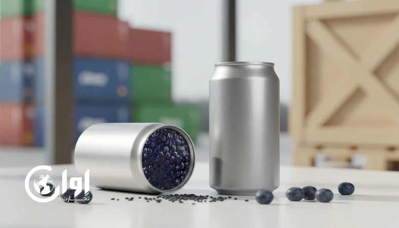 نوشیدنی تخم شربتی بلوبری در قوطی کنسرو با نمای دانه های یکنواخت و رنگ طبیعی، مناسب معرفی صادراتی و بسته بندی پریمیوم
