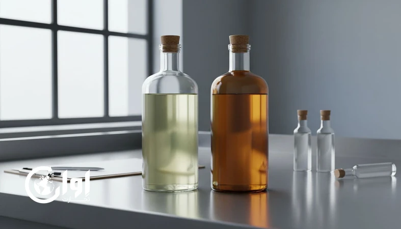 بطری شیشه ای شفاف و بطری شیشه ای کهربایی عرق بوقناق روی میز کنترل کیفیت برای بسته بندی صادراتی