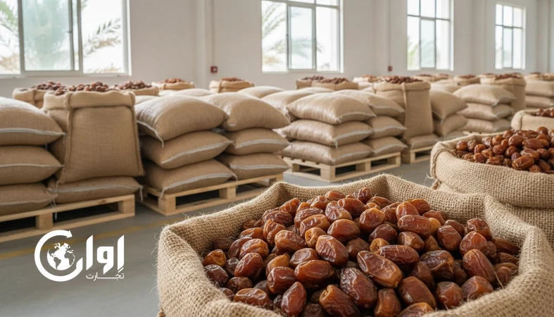 خرمای کبکاب بوشهر به‌صورت فله در کیسه و گونی روی پالت برای تأمین عمده و صادرات_اوان تجارت