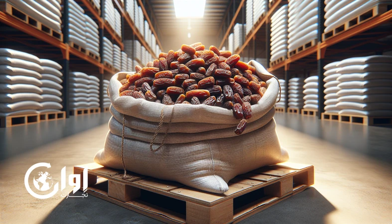 خرمای سایر بوشهر بسته‌بندی‌شده در کیسه و گونی فله روی پالت در انبار صادراتی حرفه‌ای