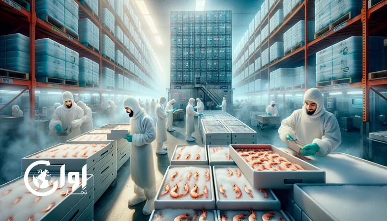 نمایی واقع‌گرایانه از زنجیره سرد و بسته‌بندی صادراتی آبزیان بوشهر شامل میگو IQF، فیله ماهی و کانتینر یخچالی_اوان تجارت