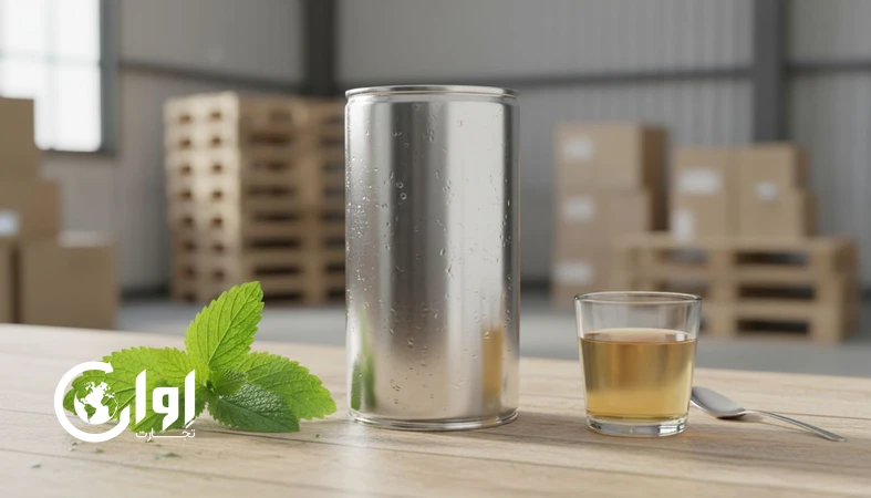 قوطی کنسرو شربت به‌لیمو برای صادرات با برگ‌های تازه به‌لیمو و نمایش کیفیت بسته‌بندی پایدار_اوان تجارت