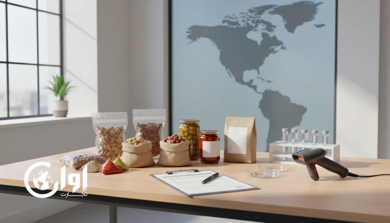 تصویر مفهومی گواهی‌های لازم صادرات مواد غذایی به آمریکا و کانادا با تمرکز بر ردیابی بچ، کنترل کیفیت و انطباق بسته‌بندی