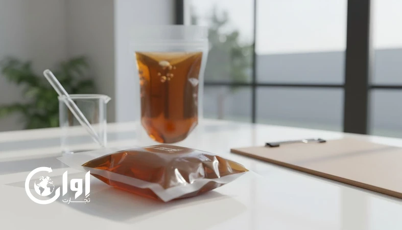 نوشیدنی گیاهی کاسنی در بسته بندی پاکت وکیوم روی میز کنترل کیفیت برای صادرات B2B