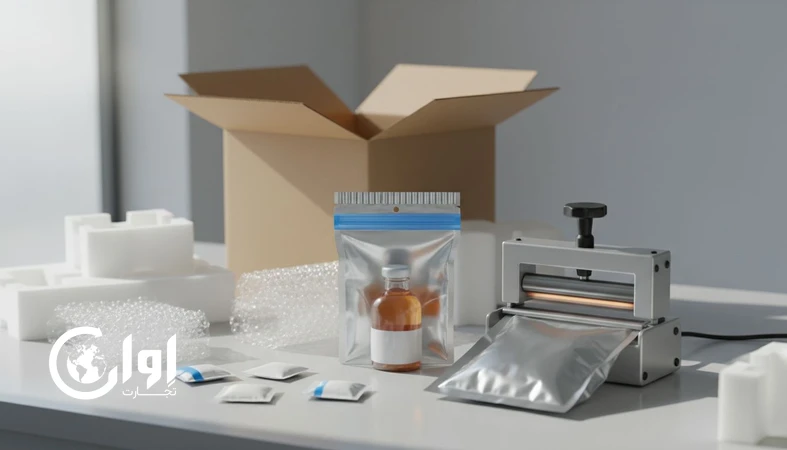 بسته‌بندی درست نمونه غذایی برای ارسال بین‌المللی با کیسه سد بالا، پلمپ، جاذب رطوبت و محافظ ضربه جهت جلوگیری از آلودگی و آسیب_اوان تجارت
